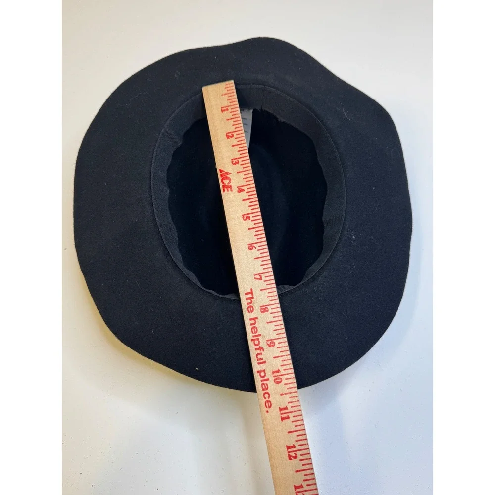 Black 100% Wool Fedora Hat Braided Metallic Gold Trim Boho Wide Brim Flat Top
